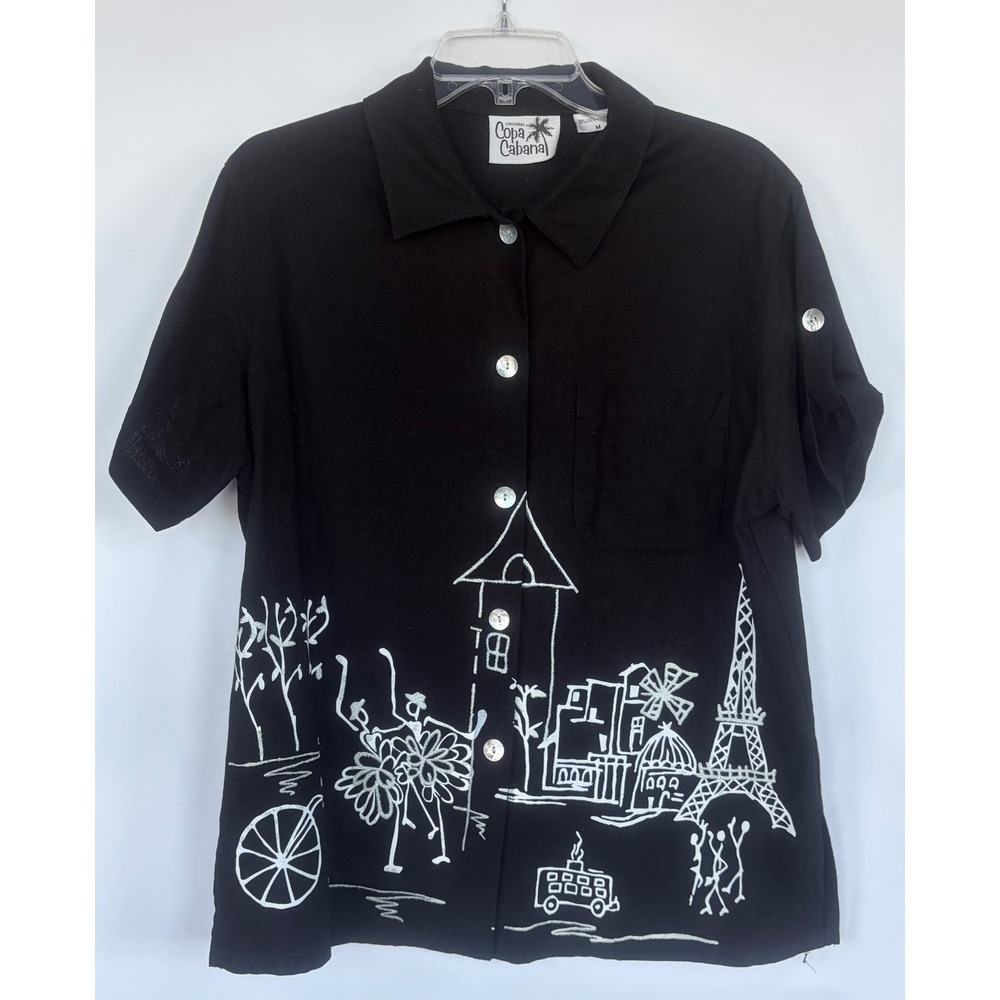Copa Cabana Men's Med Black Silk Linen Embroidered Paris Camp Shirt Short Sleeve